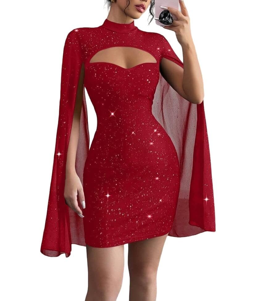 Women's Sequin Cloak Sleeve Dress Mock Neck Cocktail Long Flowy Sleeves for Going Out Fromal Prom Party