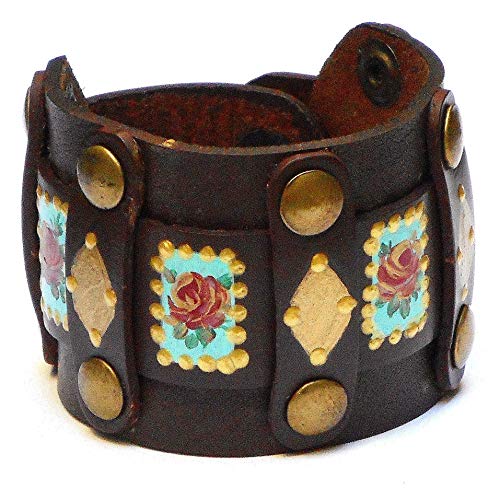 Bohemian Jewelry Adjustable Boho Brown and Gold Leather Cuff Studded Bracelet with Hand Painted Roses