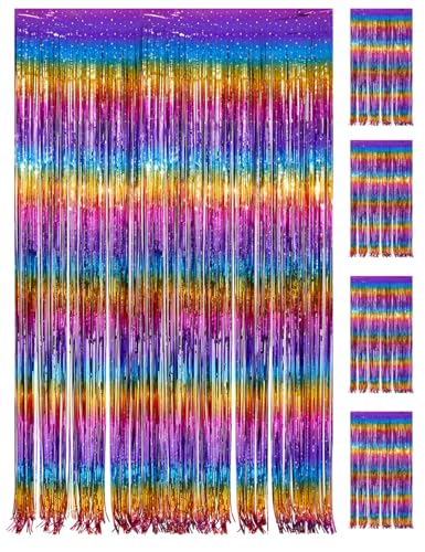 PVEGOS 4PCs 3.3 x 8.3 ft Rainbow Glitter Tinsel Curtains Foil Curtain Backdrop Luminescent Particles Foil Fun Fringe Streamers for Party Birthday Decoration Engagement School Events