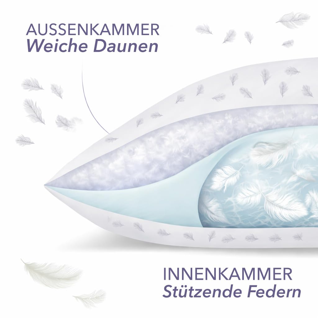 Daunenkissen 70x90 cm 3-Kammer – Premium Kopfkissen mit Daunen & Federn – Made in Germany – Ergonomische Nackenstütze – OEKO-TEX zertifiziert – Für Allergiker geeignet – Nordic