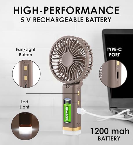 Image of Gesto Portable Fan Rechargeable with LED Light - Foldable Mini Fan, Small Fan,USB Charging Hand Fan with 1200mAh Battery & 3 Speed Modes | Travel, Makeup, Kitchen,Women's Personal Pankhaa - Grey