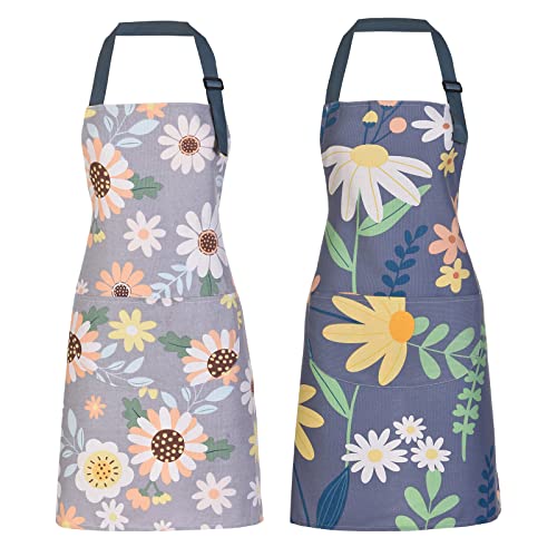 ARBINSON 2 Pack Floral Apron for Women with Pockets, Adjustable Cotton Chef Aprons for Kitchen, Cooking, BBQ & Grill (Green/Leaves)