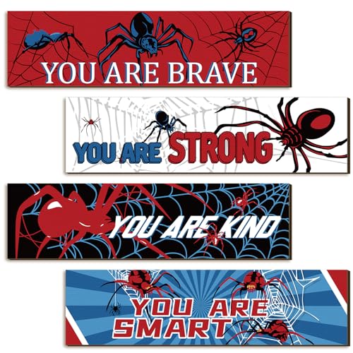 Image of Geetery 4 Pcs Spider Room Decor Bedroom Boys Wall Decor Inspirational Wall Decoration Wooden Art Prints for Boys Kids Children Home Indoor Decoration Toddler Room Sign Birthday Gifts