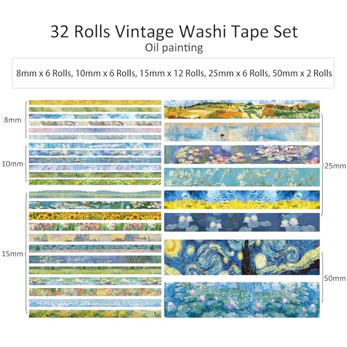 Emmoolife YHJD-001 32 Rolls Washi Tape Set, Oil Painting Decorative Masking Tape, Van Gogh Adhesive Tape For Bullet Journal, Diy Crafts Gift, Party Decorations, Junk Journal, School Supplies thumb #2
