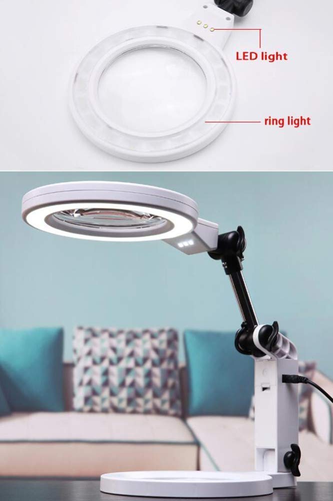 Lampada con ingrandimento a LED, Lente d'Ingrandimento Pieghevole a Mani libere 1,5 X 5X e Lampada da Tavolo e da scrivania Lente d'Ingrandimento illuminata dimmerabile Regolabile