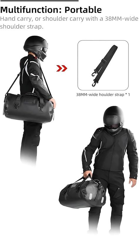 Image of HRWIN Motorcycle Tail Bag 40L Waterproof PVC Duffel Bag - Water-Resistant PVC Roll-Top Dry Luggage for Riders, Travel & Adventure - Roll Top Dry Sack for Motorbike, Car, Boat, and Outdoor Use (1Pcs)