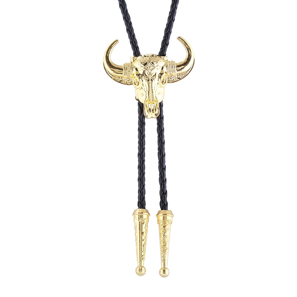 GelConnie Longhorn Bull Bolo Tie for Men Native American Western Cowboy Leather Necktie Bolo Necklace for Women Gold Texas