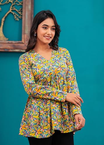 Image of LABEL ADRIJA Cotton V Neck Anarkali Short Kurti for Women Full Sleeve Floral Print | Short Kurtis for Women on Jeans