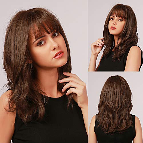 Tlever1 Short Wavy Dark Brown Wig with Bangs Women Girl's Charming Synthetic Wig Cap Included (F)