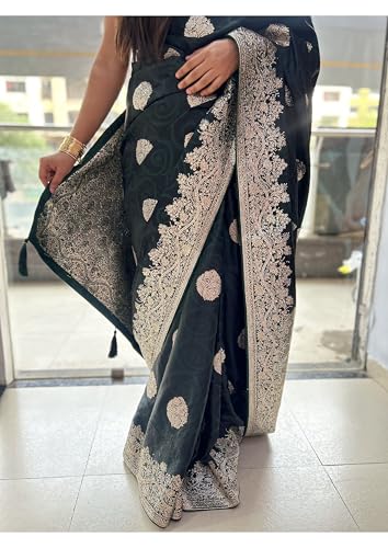 Image of Women's Banarasi Silk Georgette Saree Featuring Silver Sequin And Mirror Work
