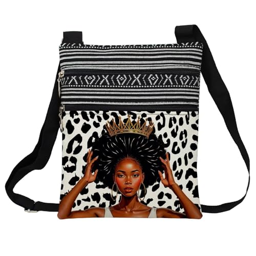 African American Messenger Bag Small Ethnic Pattern Printed Adjustable Strap Crossbody Zipper Pouch Cheetah Leopard Queen Phone Organizer Wallet Cute Shoulder Handbag for Black Women