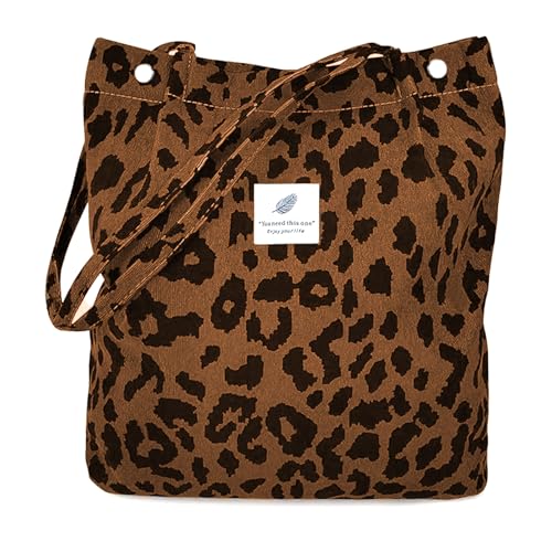 GWAWG Bolso grande de cordón con hebilla con estampado de leopardo para mujer, bolso de mano de pana para mujer, bolso de hombro de pana, bolsa de mano con compartimentos para mujer, Brown, middle