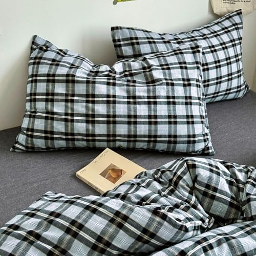 Image of mixinni Vintage Grey & Pale Blue Buffalo Plaid Duvet Cover Set Full Size - 3 Piece Washed Cotton Bedding Set with Grid Pattern, Soft & Breathable Duvet Cover with Pillowcases for Boys, Men& Women