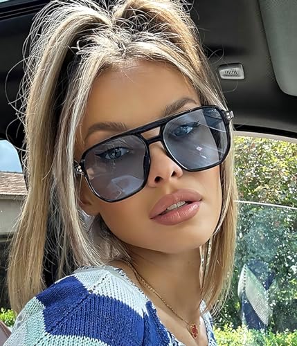 Image of EYLRIM Retro Aviator Sunglasses for Women Men Classic 70s Square Frame Sun Glasses Vintage Shades(A4 Black /Blue)