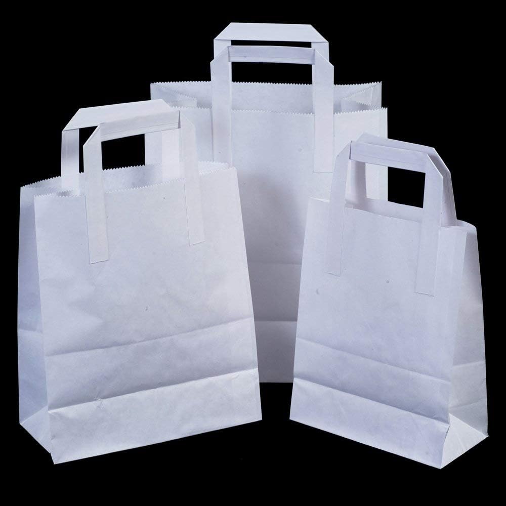 1000x White Paper Carrier Bags with Flat Handles - 25cm x 30cm x 14cm