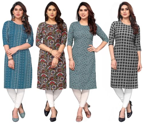 Image of JAKHANA Women's Crepe Printed Casual Straight Calf Length Round Nick Kurta Pack of 4