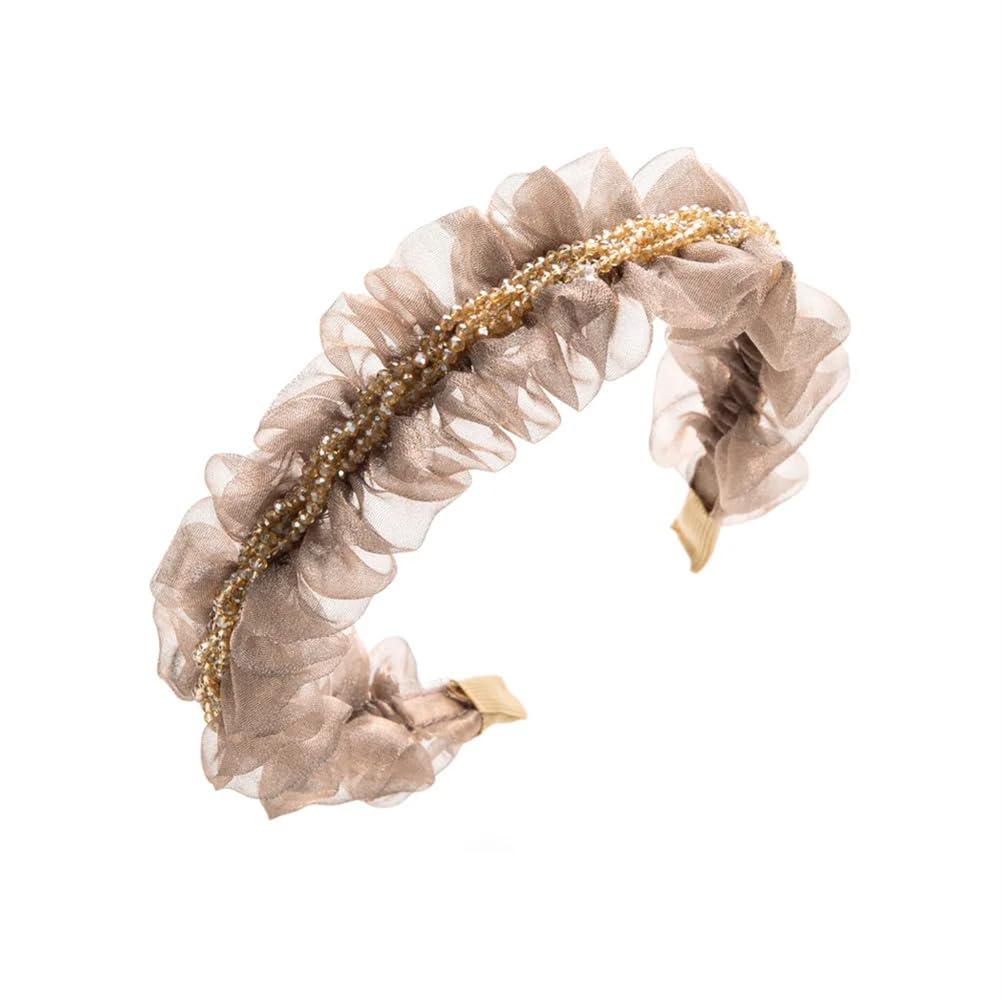 Diadema trenzada, diademas, mujeres niñas Organza plisada ala ancha banda for el cabello trenza con cuentas diadema fiesta bandas for la cabeza(Light Coffee)