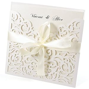 20er Ivory Weiss Einladungskarten Elegant Spitze Design mit Karten, Umschläge, Schleifer, Einlegeblätter OHNE DRUCK…