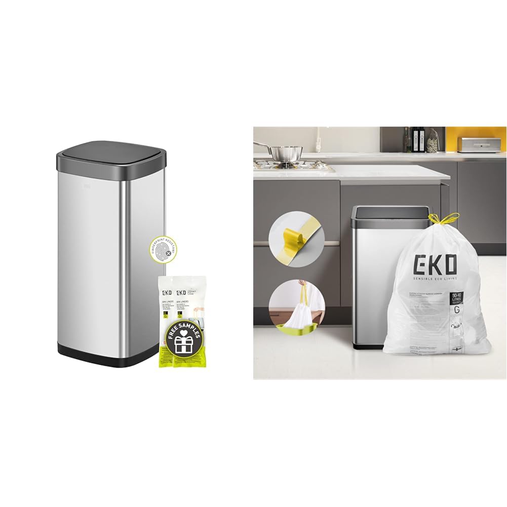EKOEcoSmart Tall and Large Kitchen Trash Can, 80L/21.1G High Capacity, Touchless Soft Square Motion & Easy-Dispense Roll of 60 Count Extra-Strong Drawstring Kitchen Trash Bags - 21 Gallon