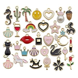 iloveDIYbeads 30pcs Assorted Enamel Gold Plated Animals Fruit Moon Star Dainty Dangle Charm for Jewelry Making Necklace Bracelet Ankle Earring Jewelry DIY Findings M300