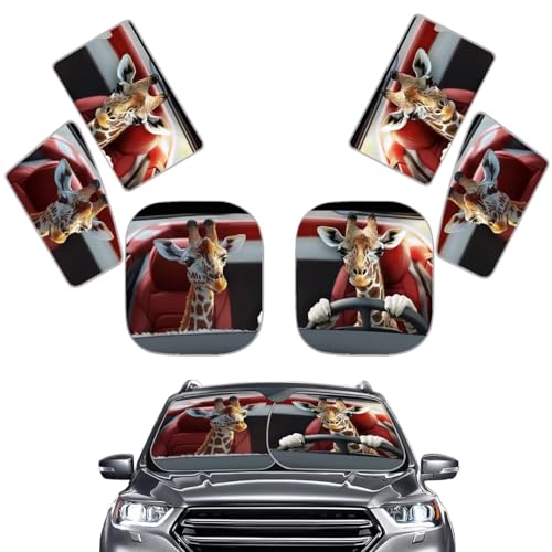 Image of Driving Giraffe Car Sun Shade for Windshield Foldable Sun Shade Car Window Baby 6 PCS Heat and UV Rays Blocker Easy Installation Auto Interior Protector