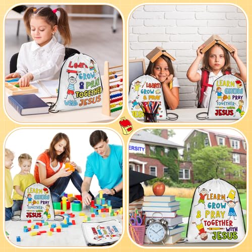 Kacctyen 24 Pcs Religious Drawstring Backpack Christian Learn Grow Pray Together with Jesus Drawstring Bags Bible Verse Religious Gift Bags for Vbs Sunday School Church Back to School Party Favors4