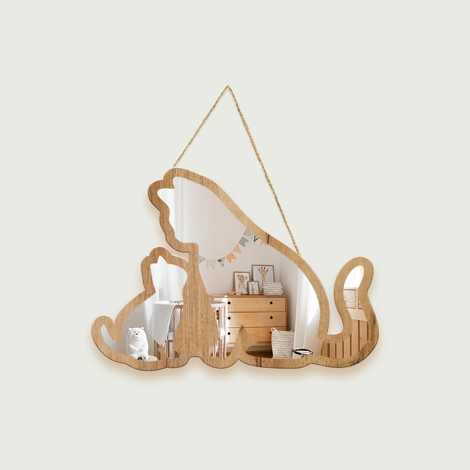 Cute Cat Patterned Silver Natural Wood Framed Acrylic to Hanging Wall Mirror Decorative Stickers Baby Kids Teen Room Nursery Bathroom Bedroom Livingroom Decoration