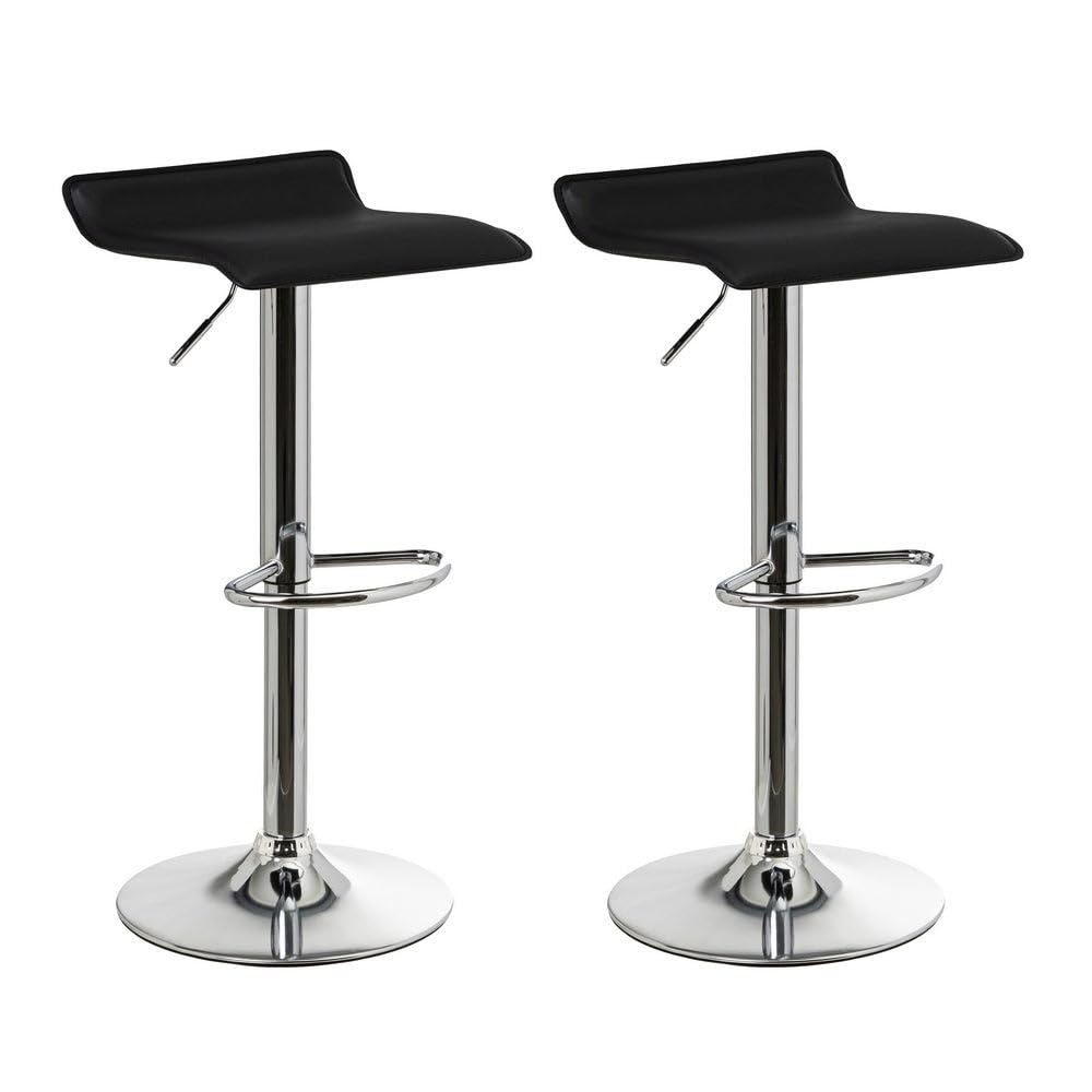 2 taburetes de cocina regulables en altura negros cuadrados sin respaldo | Asiento cuadrado tapizado en polipiel. Sin respaldo. Pie giratorio gris. Altura ajustable de 63 a 83 cm. Resiste hasta 120 kg