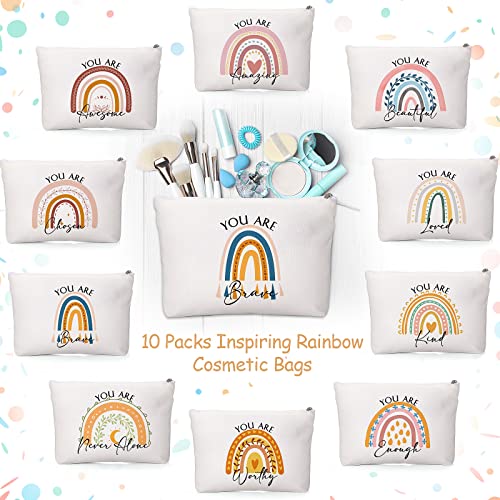 Coume 10 Pcs Rainbow Canvas Makeup Bags Bulk Inspirational Quotes Cosmetic Zipper Personalized Encouragement Travel Pouch Toiletry Bag for Women Girls Teacher Friend Birthday4