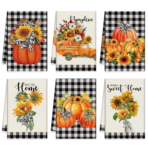 Preboun 6 Pack Fall Kitchen Towels Autumn Hand Towels Thanksgiving Bathroom Dish Cloths Buffalo Plaid Bowknot Sunflower Pumpkin Absorbent 16 x 24 Inch(Sunflower Yellow)