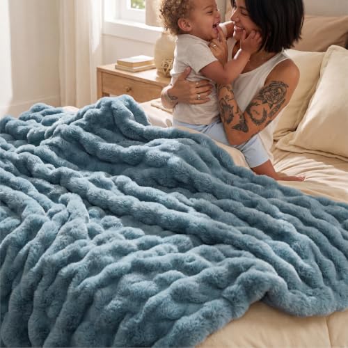 Image of Bedsure GentleSoft Bubble Faux Fur Blankets Queen Size, Fluffy Fuzzy Queen Blanket for Bed, Soft Cozy Faux Fur Bedding for Winter, Thick Warm Plush Bed Cover, Greyish Blue, 90x90