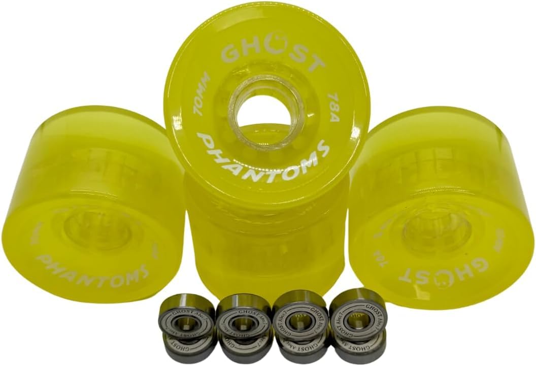 GHOST BOARDS Ghost Wheels, Jelly Phantoms, 70MM 78A, Semi-Transparent, Longboard Wheels, Great for Cruising and Carving, ABEC-7 Bearings Included (Yellow)