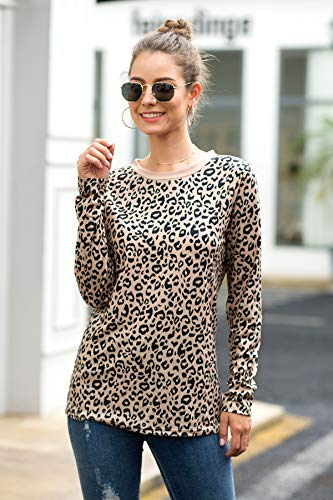 Coffee Casual Cute Shirts Leopard Print Tops Basic Long Sleeve Soft Blouse