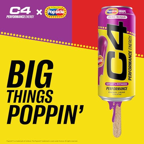 Image of C4 Performance Energy Drink, Grape Popsicle, Zero Sugar Carbonated Preworkout Energy, 200mg Caffeine with Beta Alanine, 16 Fl Oz (12 Pack) | Carbonated, Pre Workout, Performance Drink, no Artificial Colors, no Dyes