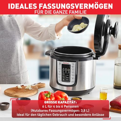 Foto von Tefal CY505E Fast & Delicious Multikocher, elektrischer Schnellkochtopf, 6 L Kapazität, 25 Automatische Programme, Bis zu 80 % schnelleres Kochen, Energiesparend, Rezeptheft, 1200 W, Edelstahl
