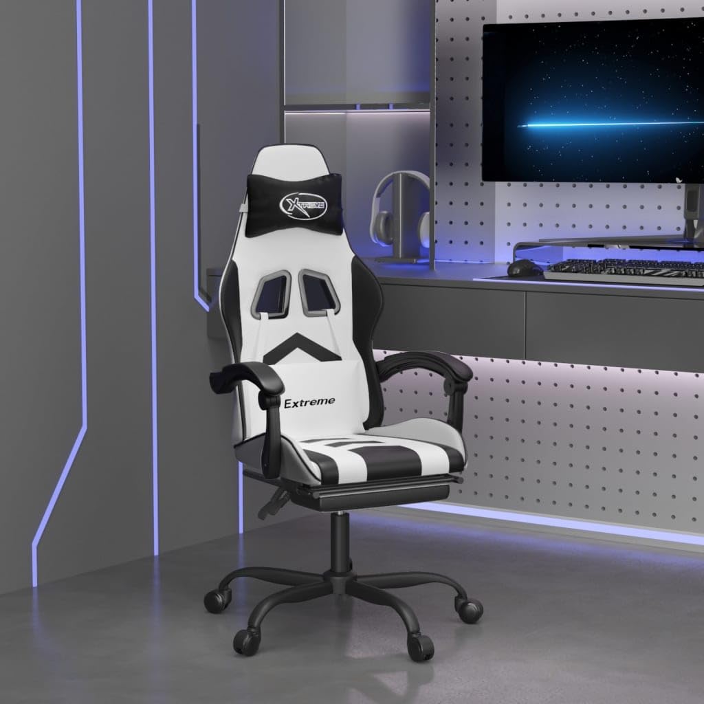 Gaming-Stuhl mit Fußstütze ergonomisch, Kunstleder Schreibtischstuhl höhenverstellbar mit Massagepunkt, Schwarz & Weiß