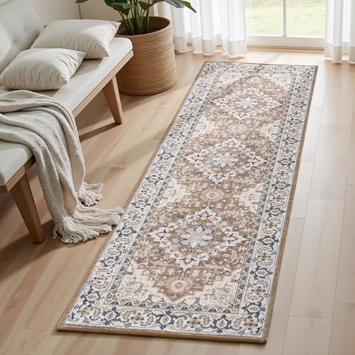 Lofus 2x6 Runner Rug for Hallways, Washable Kitchen Rugs, Non-Slip Rugs for Entryway and Bedroom, Vintage Boho Carpet, Soft Low Pile Long Runner Area Rug, Floral Brown