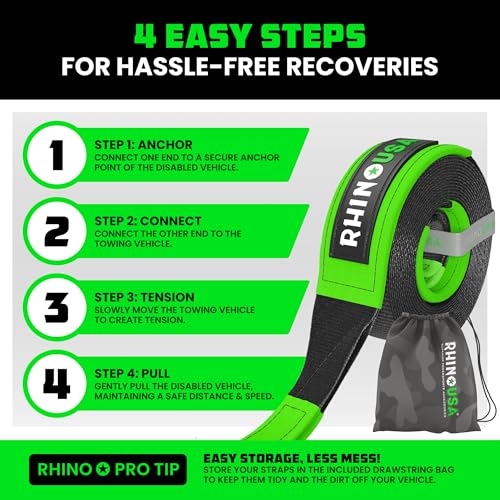 Image of Rhino USA Recovery Tow Strap (4 inch x 30') - 40,320lb Break Strength - Emergency Recovery Strap Tow Rope for Diesel Trucks, Backhoe, Excavators & More - Heavy Duty Towing Strap for Offroad 4x4 Use