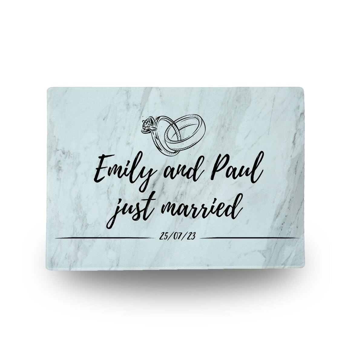 Premium Chopping Board Toughened Glass with Edge-to-Edge Print - Chinchilla Finish - Just Married Design - Customise with Your Name (Large 28.5cm x 38cm)