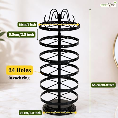 Image of ecofynd 6-Tier Metal Jewelry Organizer Stand with 144 Holes, 360 Rotating 21-Inch Holder for Earrings, Necklaces, Bracelets & Rings, Space-Saving Display for Vanity & Dressing Table (Black, JS009)