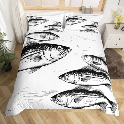 Big Pike Fish Comforter Cover, Teens Bass Big Fish Eat Small Fish Bedding Hunting And Fishing Themed Duvet Cover Twin Size For Kids Boys Room Decor, Retro Sketch Bedspread Cover Black White