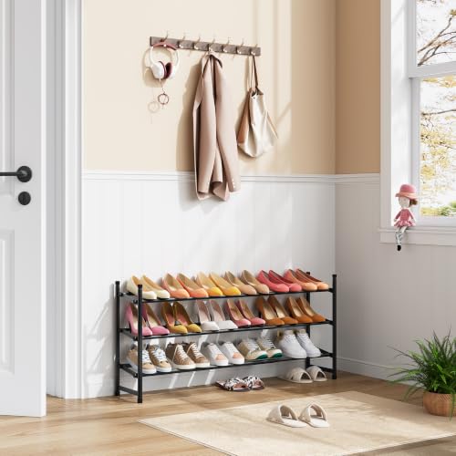 Image of Tajsoon Expandable Shoe Rack for Closet 3 Tier, 28 inch-41 inchAdjustable & Stackable Shoe Shelf Storage, Metal Shoe Rack Organizer for Front Door Entrance, Closet, Garage, Entryway, Black