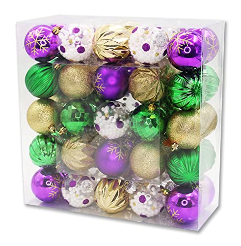 Queens of Christmas 50 Pack Purple, Green, Gold and Clear Assorted Ball Ornaments, Plastic (ORNPK-ASTB-MARDI-50)