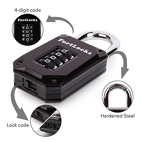Image of FortLocks 2 Pack Heavy Duty Waterproof Combination Lock - 4 Digit Resettable Black | Weatherproof, Hardened Steel, Heavy Duty, Easy-to-Read Numbers, Combo Lock for Lockers, Sheds & Cabinets, 2-Pack, Black