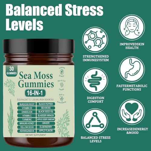 Sea Moss Gummies 16-in-1 | Irish Seamoss Gummies for Women Men with Black Seed Oil & Ashwagandha & Burdock & Bladderwrack | Boosts Immune Support, Skin Health and Digestion | 30 Gummies - Image 3