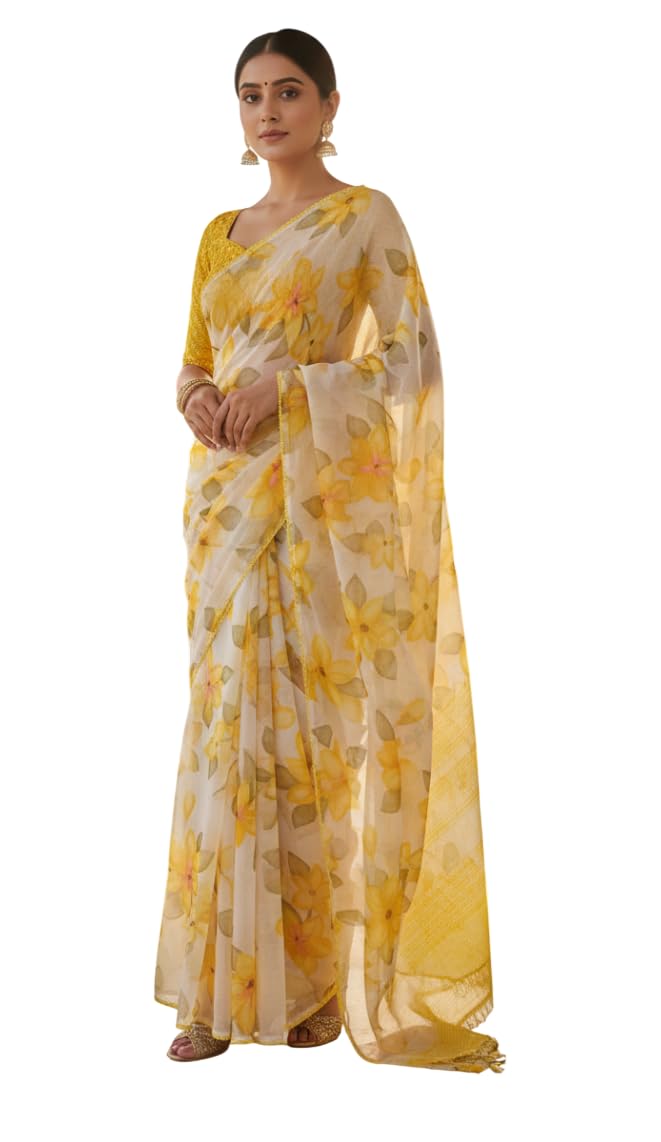 fliqo Women’s Georgette Floral Printed Saree with Contrast Border | Lightweight Soft Casual, Daily Saree With Blouse Piece-picture-11