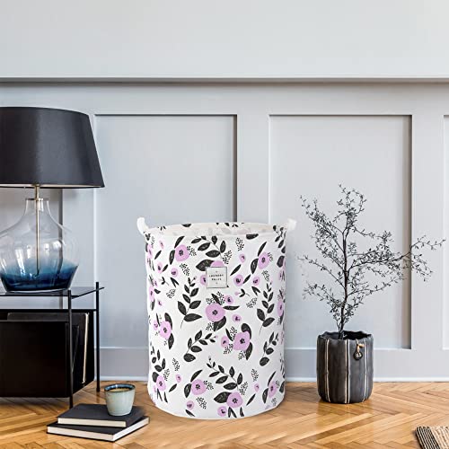 Image of Large Foldable Laundry Basket Organizer Holder portable tall collapsible laundry hamper nusery Storage Basket Bin with Handles Canvas & Waterproof lining for Household Items (Floral Purple)