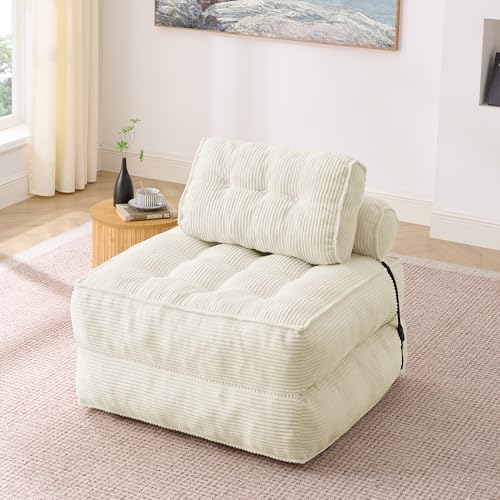 JCFEIDQW Sofá con función de dormir, sofá cama, sillón de lectura, sofá individual, sillón plegable 2 en 1 de pana, con respaldo ajustable, para sala de estar, dormitorio, 195 × 85 × 25 cm (beige)