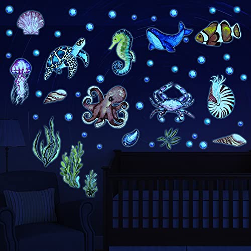 52 Pcs Ocean Fish Wall Decals Glow In The Dark Under The Sea Wall Decals Sea Animals Wall Stickers Removable Waterproof Peel And Stick For Kids Bathroom Watercolor Ocean Decor (Funny Style) #TOP3
