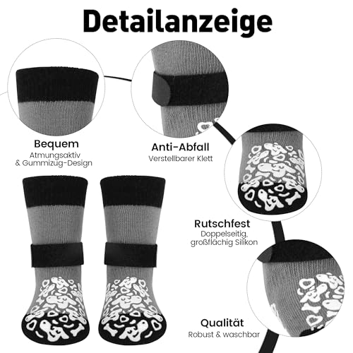 Apoway 4 Stück rutschfeste Hundesocken Anti Rutsch, Pfotenschutz Hund wasserdicht mit verstellbaren Riemen und zweiseitiges Silikon, Antirutschsocken Hund für Kratzern/Hitze/Kälte/Leckschutz, M